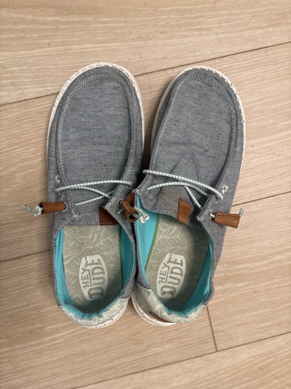 Hey Dude Gray Chambray Slip-On Sneakers with Teal Lining